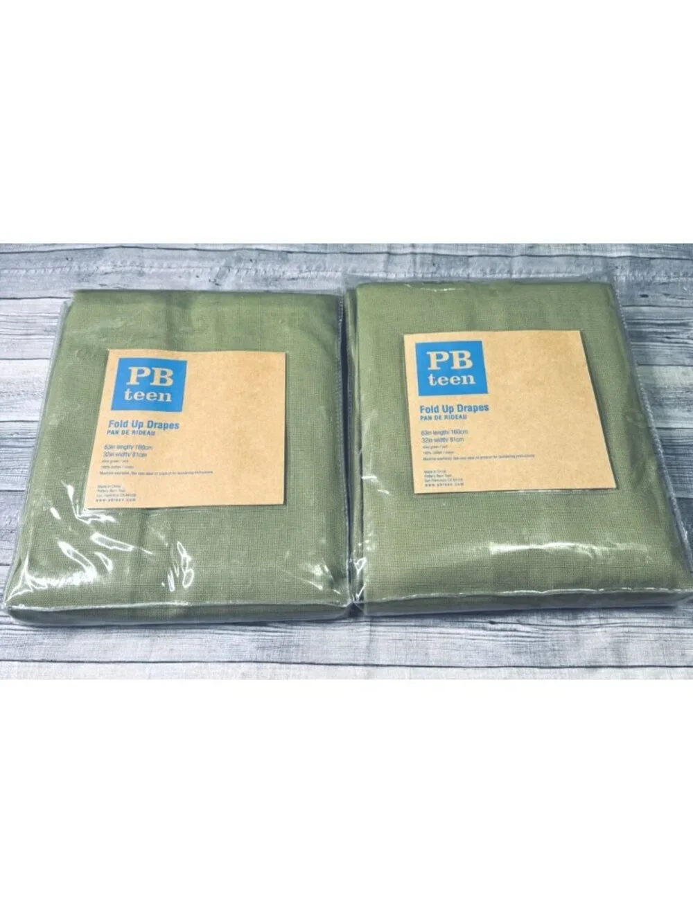 Pair of New PB Teen Fold Up Drapes Olive Green Beige 32x63 each Pottery Barn